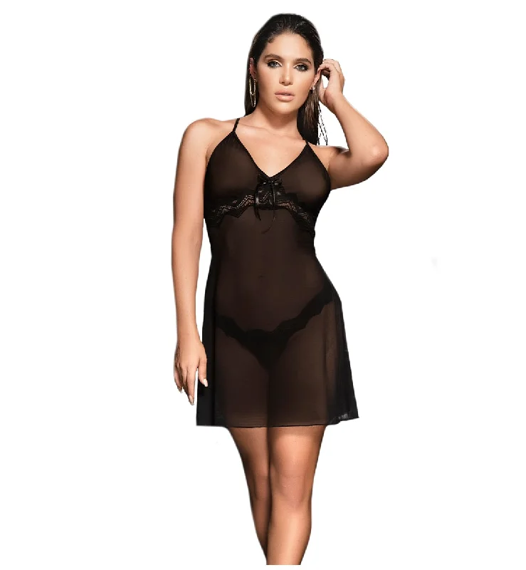 Mapale Slit-Side Sheer Babydoll with Matching G-String (7371) - Black