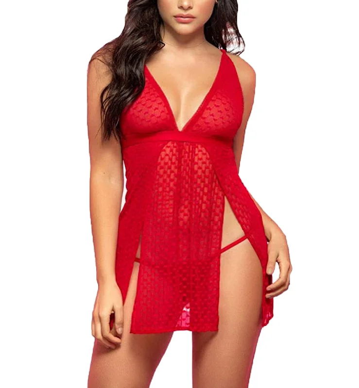 Mapale Split Side Sheer Babydoll with Matching G-String (7353) - Red