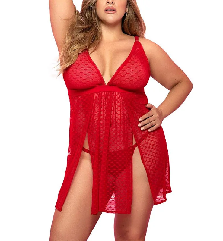 Mapale Split Side Sheer Babydoll with Matching G-String Plus Size (7353X) - Red